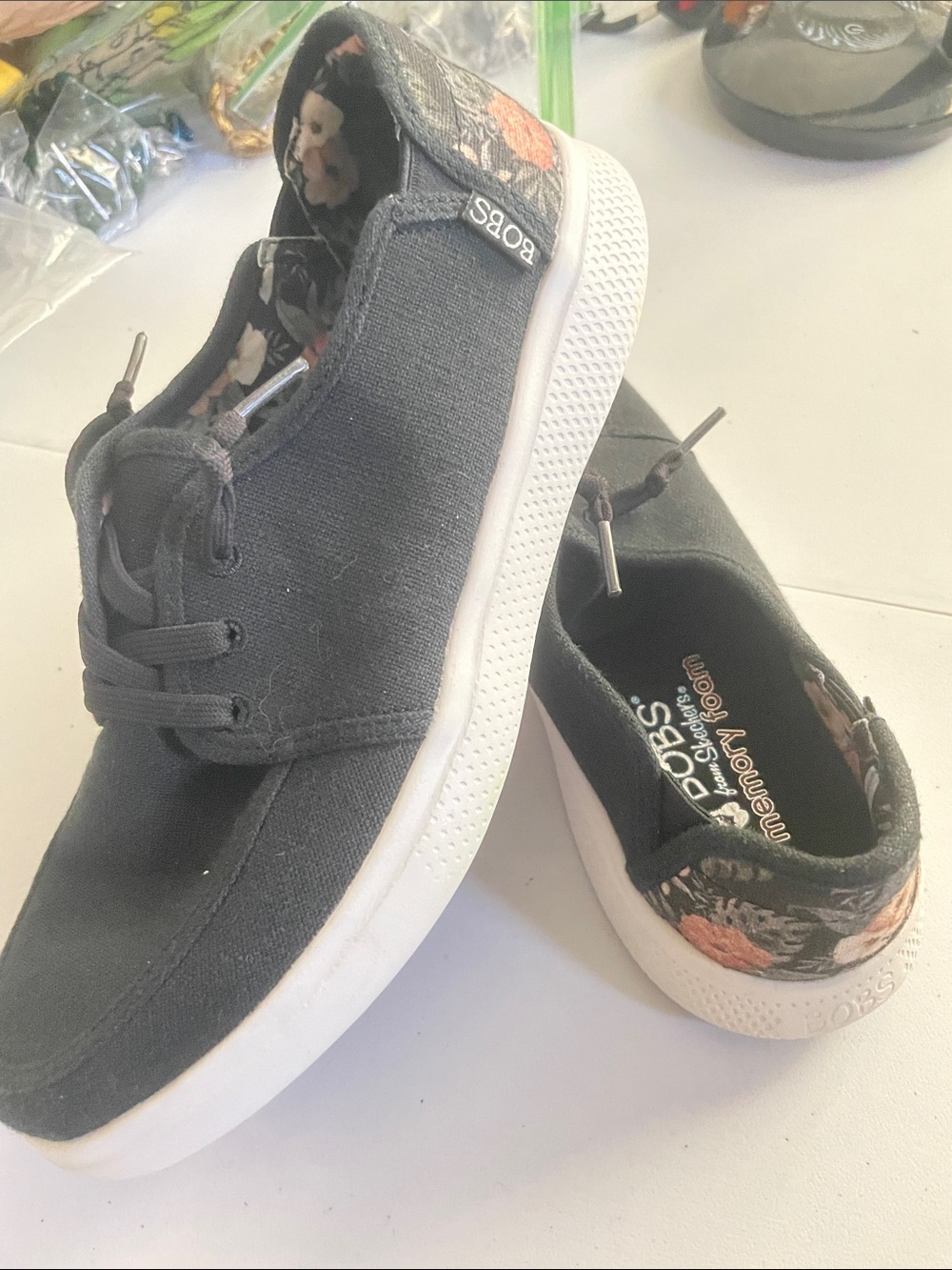 Skechers Black Canvas Slip-On Sneakers with Floral Heel Detail - Picture 3 of 4